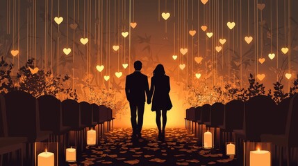 Romantic Couple Walking Down Candlelit Aisle with Hearts in the Background for Love and Wedding Themes