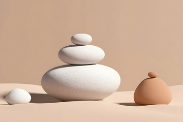 3D Render of Abstract Pebble Balancing Stones on a Beige Background