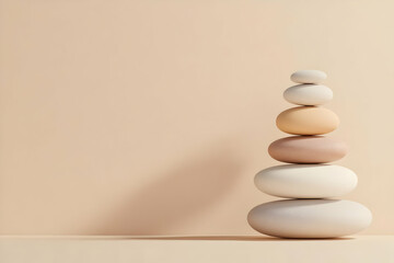 3D Stack of Smooth Stones Creates Balance and Harmony on a Minimalist Beige Background.