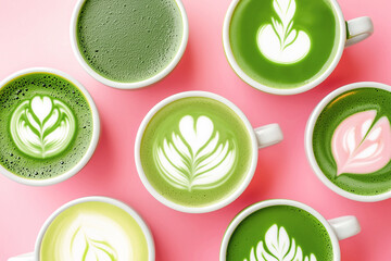Set of ceramic mugs with green matcha with drawing on foam on pink background close-up, top view.