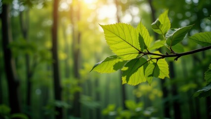 Fototapeta premium A vibrant branch adorned with bright green leaves gleams as sunlight filters through, casting dappled patterns in this serene close-up view