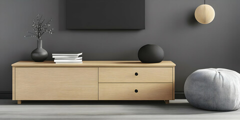 Modern Living Room Interior Design with Wooden TV Stand, Decor, and Cozy Seating in a Stylish Minimalist Setting.
