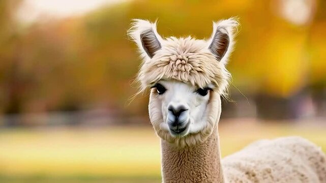 Close-up of a fluffy alpaca with a curious expression, set against a blurred autumn background.