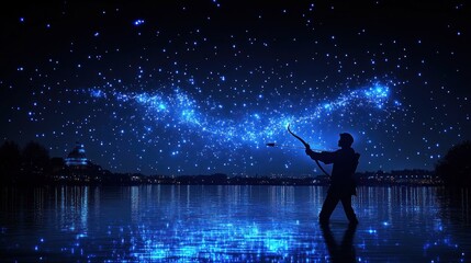 Obraz premium Silhouette of a Person Fishing Under a Starry Night Sky by a Lake