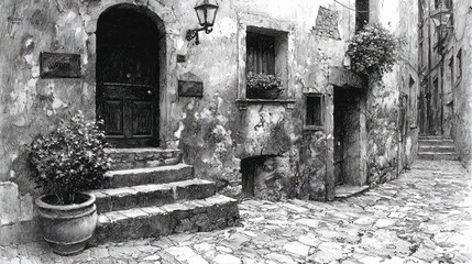 Old stone building with plants, steps, and arched doorway.