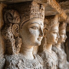 Obraz premium Stone carvings of crowned female figures.