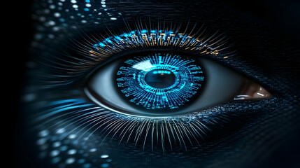 Futuristic Eye Reflects Digital Data Stream with Glowing Lines Seamlessly.