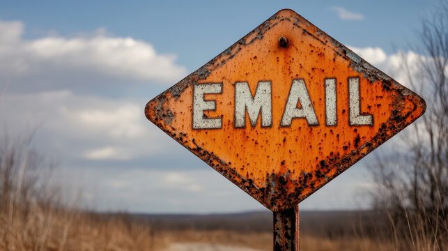 Rusty orange metal sign with the text 'EMAIL' in bold, standing in the middle of a desolate landscape, representing outdated communication.