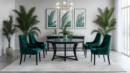 Elegant Dining Room Interior Design Showcases a Stylish Round Table with Green Velvet Chairs and Tropical Plants Creates a Luxurious and Inviting Ambiance.