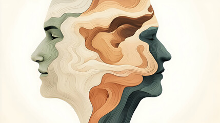 Abstract faces profile, intertwined, neutral background, mental health concept, website banner