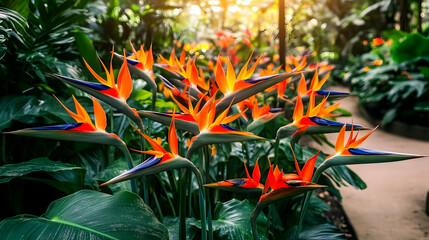 Vivid Bird of Paradise Flowers Bloom Brightly in Lush Tropical Garden with Warm Sunlight