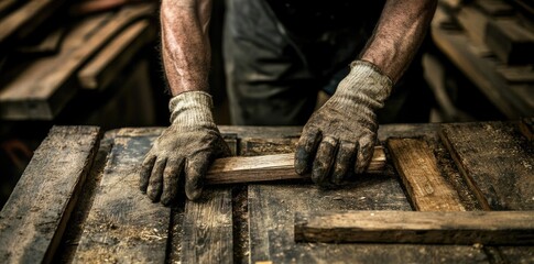 Fototapeta premium A Craftsperson Carefully Examining a Wooden Plank in a Workshop