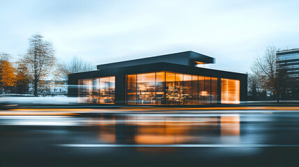 Modern Glass Building Illuminates with Warm Light at Dusk with Motion Blur Effect