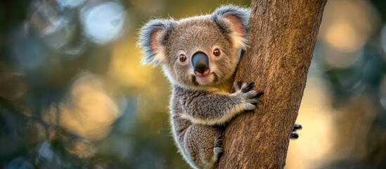 Adorable koala joey clinging to a tree trunk.