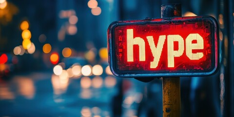 Neon Sign with the Word "Hype" Illuminates Urban Street at Night with Blurred City Lights and Bokeh Effect Creating a Vibrant Visual Ambiance