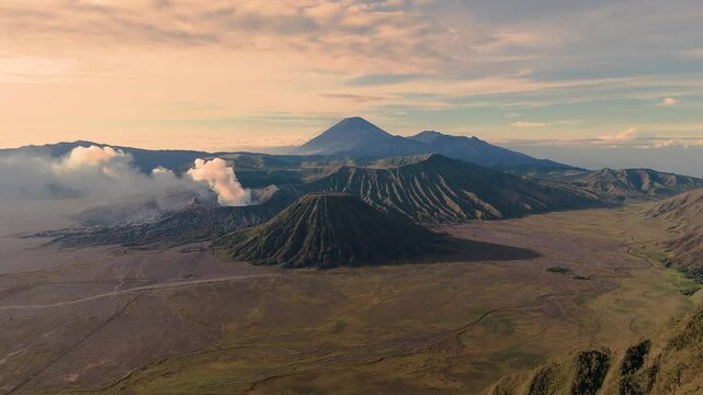 active, adventure, aerial landscape, aerial view, asia, bromo, bromo volcano, cloud, cloudy, destination, drone, east java, eruption, fog, hiking, indonesia, island, java, landmark, landscape, light, 