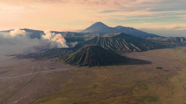 active, adventure, aerial landscape, aerial view, asia, bromo, bromo volcano, cloud, cloudy, destination, drone, east java, eruption, fog, hiking, indonesia, island, java, landmark, landscape, light, 