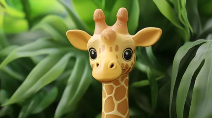 Adorable cartoon giraffe portrait amidst lush green foliage  ideal for children's books or websites