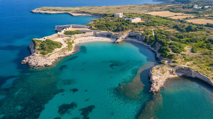 Aerial view of a secluded cove with ancient ruins, turquoise water, and lush greenery.  Ideal for travel brochures