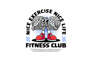 dumbbell fitness gym retro cartoon character mascot illustration with standing pose and showing peace hands for fitness gym bodybuilding sport club mascots and merchandise