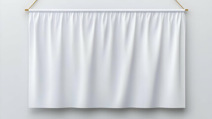 Blank White Rectangular Textile Hanging on a Wooden Rod with a String Against a White Wall Background