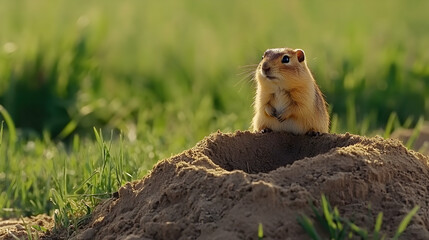 Alert prairie dog at burrow entrance, grassy field background, wildlife photography for nature documentaries
