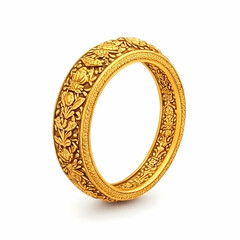Exquisite Gold Bangle Showcases Intricate Floral and Nature-Inspired Design on a Clean White Background