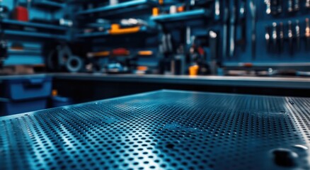 Close-up view of a perforated metal table top, ideal for industrial or workshop settings.