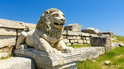 Ancient stone lion statue at historical ruins, sunny day, clear sky, travel destination