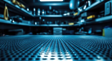 Close-up view of a perforated metal table top, ideal for industrial or workshop settings.