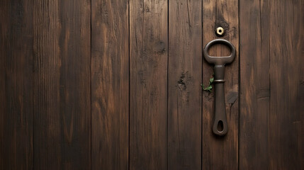 Fototapeta premium Antique key on dark wood background; tiny plant sprig; copy space; website banner