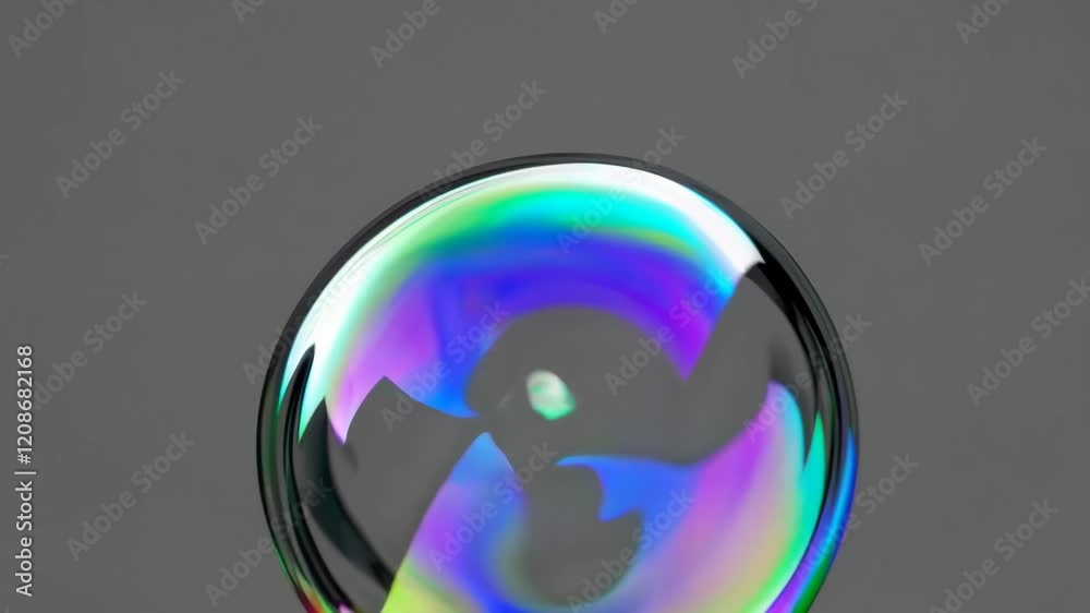 Poster colorful soap bubble floating in the air with iridescent reflections, minimalist design. fragility a