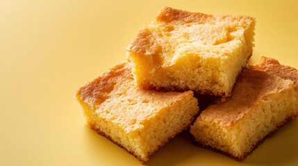 Golden cornbread slices with a crispy edge served on a vibrant yellow background, perfect for any occasion