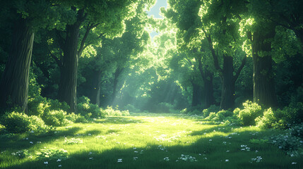Obraz premium Sunlit Path Through Lush Green Forest