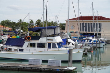 A scenic marina with numerous boats and yachts moored along the pier, offering a tranquil setting ideal for leisure, sailing, and waterfront recreation under sunny skies. 