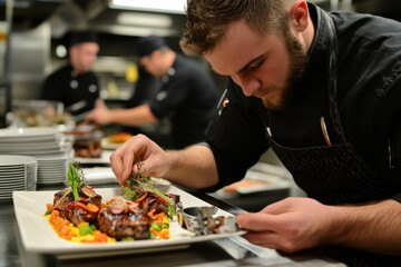 Chef preparing gourmet dish in restaurant kitchen
