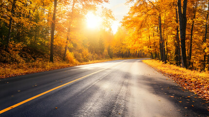 Obraz premium Autumn road trip, scenic fall foliage, sunlit path, golden leaves