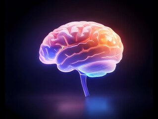 Glowing 3D Brain Illustration on a Dark Background with Neon Lights and Depth