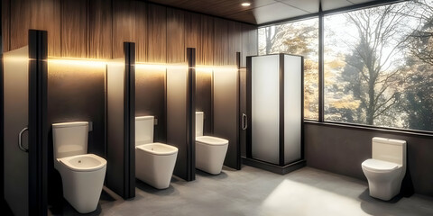 Modern Public Restroom Interior Design Showcases Toilets, Shower Stall, and Wood Paneling with Nature View.