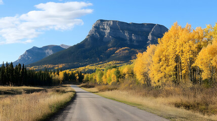 Autumnal road trip through mountain valley with golden aspen trees