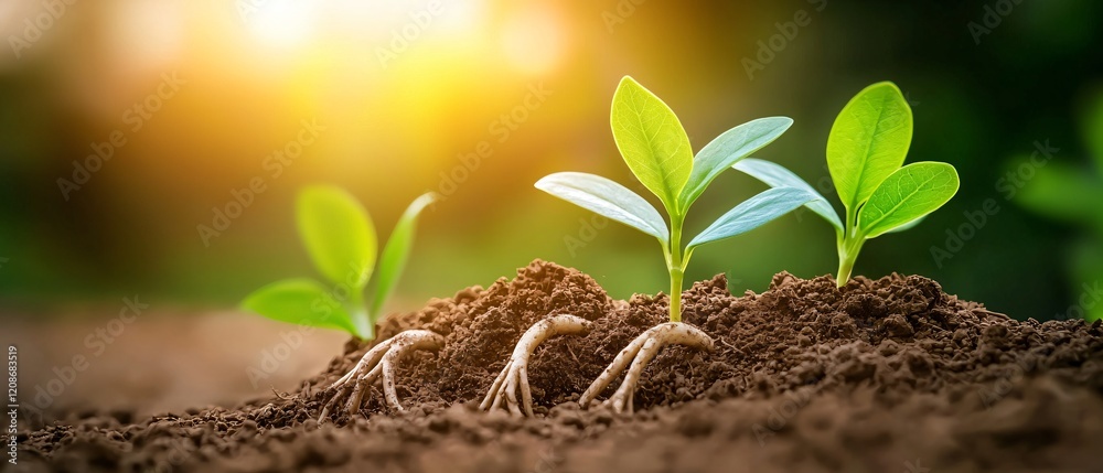 Wall mural Young sprouts emerging from soil under warm sunlight representing growth and new beginnings