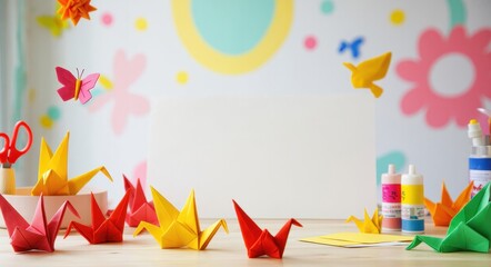 Obraz premium Child-Friendly Origami Creations on a Creative Workspace.