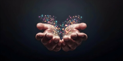 Open Hands Gently Hold a Flow of Colorful Fiber Optic Lights in Dark Background