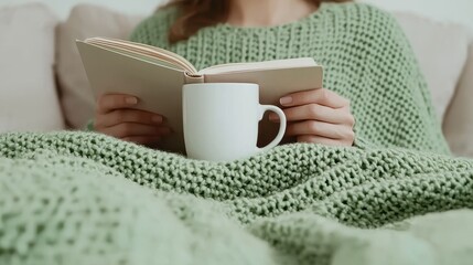 Cozy Scene of a Person Reading a Book While Relaxing on a Sofa Wrapped in a Green Knit Blanket with a Cup of Tea, Ideal for Indoor Comfort and Serenity Themes