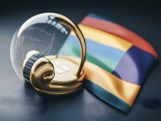 3D Render of a Golden Headset Encapsulating a Crystal Globe with a Colorful Striped Background