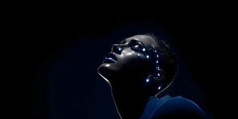Futuristic Woman with Glowing Face Art Poses Elegantly in Dark, Moody Lighting