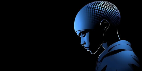 Digital Illustration of a Person with a Patterned Head Covering Looking Downward Contemplatively in Dark Background