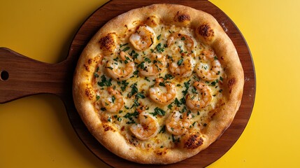 Crispy crust scampi pizza topped with shrimp and fresh herbs served on a wooden platter against a vibrant yellow background