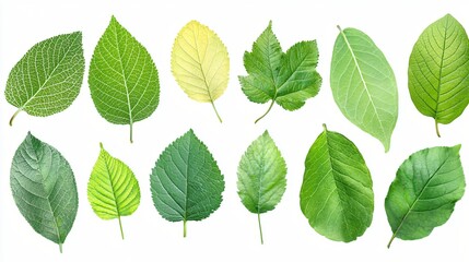Assorted Green Leaves with Veins on White Background Botanical Study Natural Elements