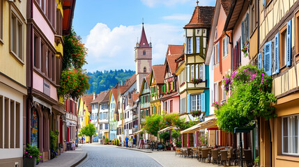 Fototapeta premium Charming cobblestone street in a picturesque European town, lined with colorful half-timbered houses, a church tower in the background, and outdoor cafes; perfect for travel brochures